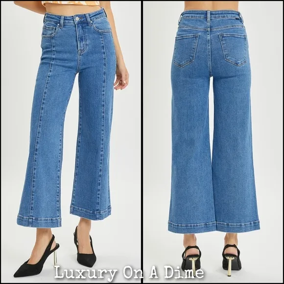 RISEN High-Rise Waist Blue Jeans Retro Wide Leg Front Seam Boyfriend Denim Pants