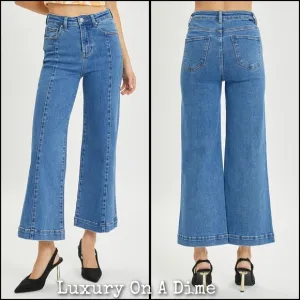 RISEN High-Rise Waist Blue Jeans Retro Wide Leg Front Seam Boyfriend Denim Pants