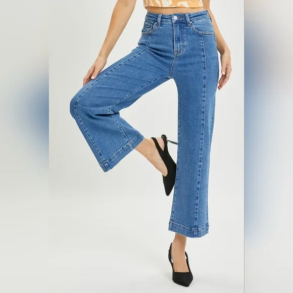RISEN High-Rise Waist Blue Jeans Retro Wide Leg Front Seam Boyfriend Denim Pants