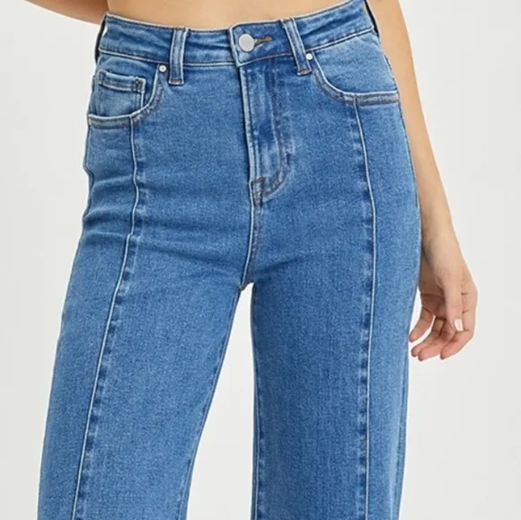 RISEN High-Rise Waist Blue Jeans Retro Wide Leg Front Seam Boyfriend Denim Pants