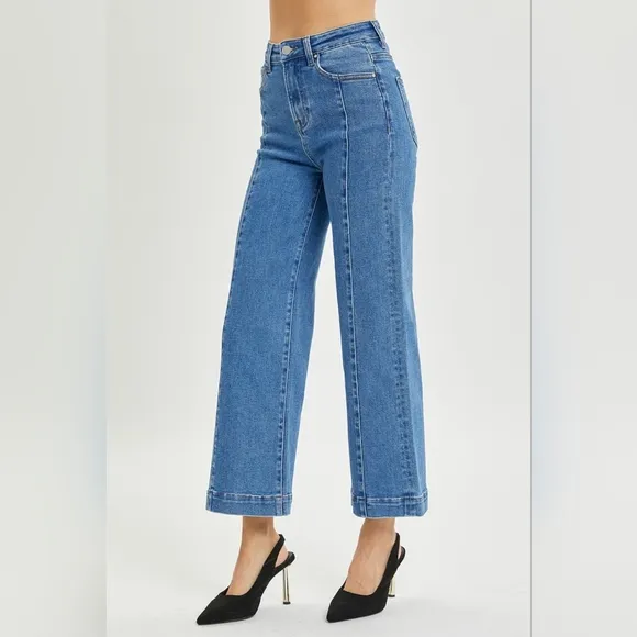 RISEN High-Rise Waist Blue Jeans Retro Wide Leg Front Seam Boyfriend Denim Pants