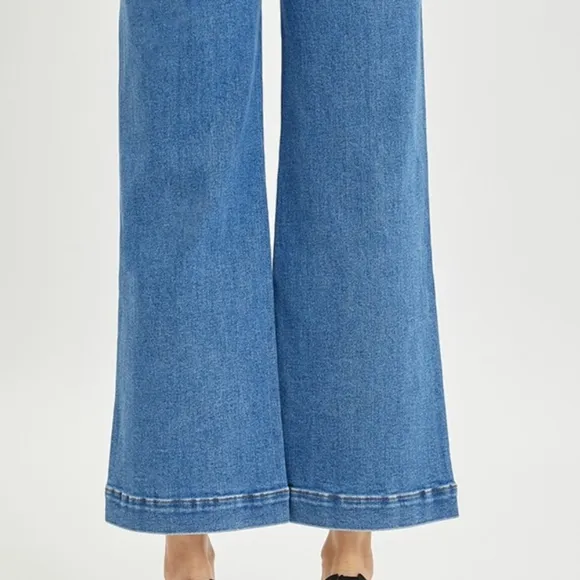 RISEN High-Rise Waist Blue Jeans Retro Wide Leg Front Seam Boyfriend Denim Pants