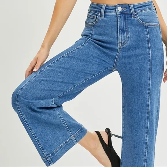 RISEN High-Rise Waist Blue Jeans Retro Wide Leg Front Seam Boyfriend Denim Pants