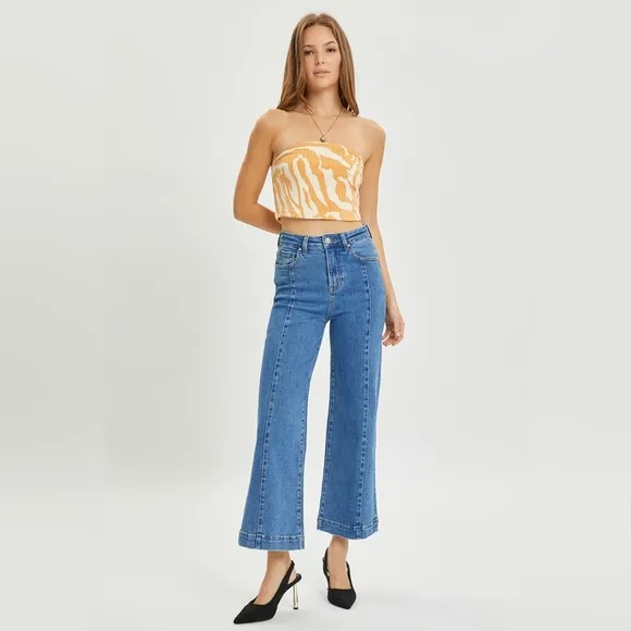 RISEN High-Rise Waist Blue Jeans Retro Wide Leg Front Seam Boyfriend Denim Pants