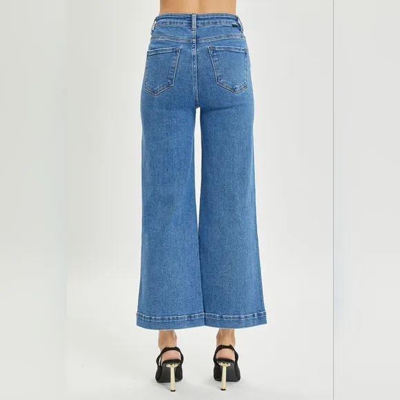 RISEN High-Rise Waist Blue Jeans Retro Wide Leg Front Seam Boyfriend Denim Pants