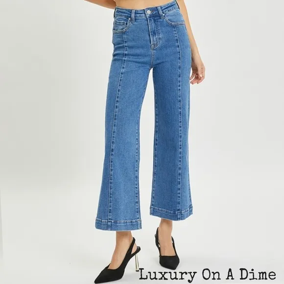 RISEN High-Rise Waist Blue Jeans Retro Wide Leg Front Seam Boyfriend Denim Pants