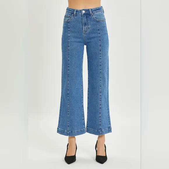 RISEN High-Rise Waist Blue Jeans Retro Wide Leg Front Seam Boyfriend Denim Pants