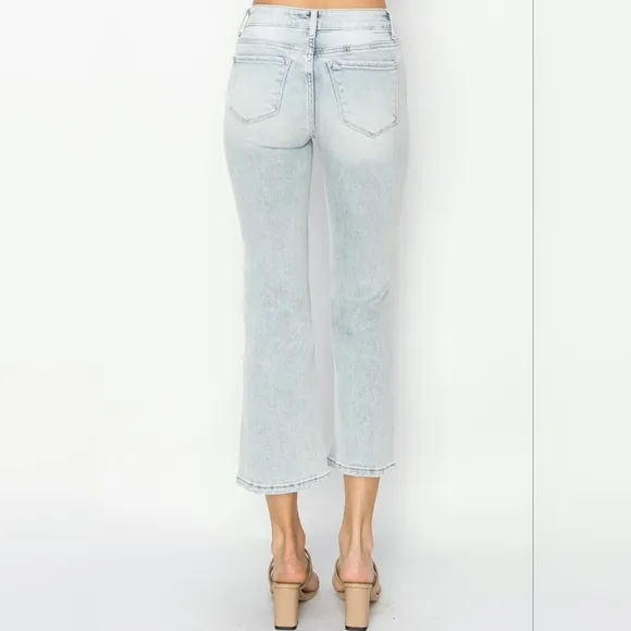 RISEN High-Rise Waist Skinny Fit Denim Pants Cropped Wide Flare Hem Blue Jeans