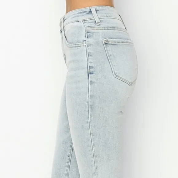 RISEN High-Rise Waist Skinny Fit Denim Pants Cropped Wide Flare Hem Blue Jeans