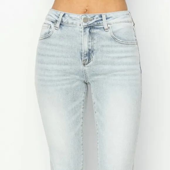RISEN High-Rise Waist Skinny Fit Denim Pants Cropped Wide Flare Hem Blue Jeans