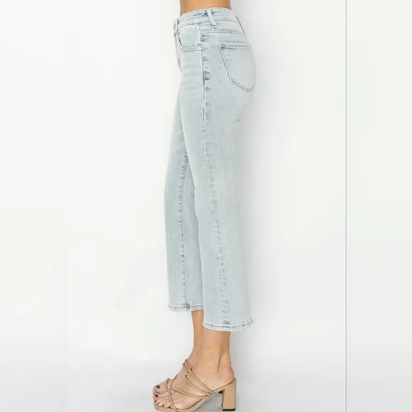 RISEN High-Rise Waist Skinny Fit Denim Pants Cropped Wide Flare Hem Blue Jeans
