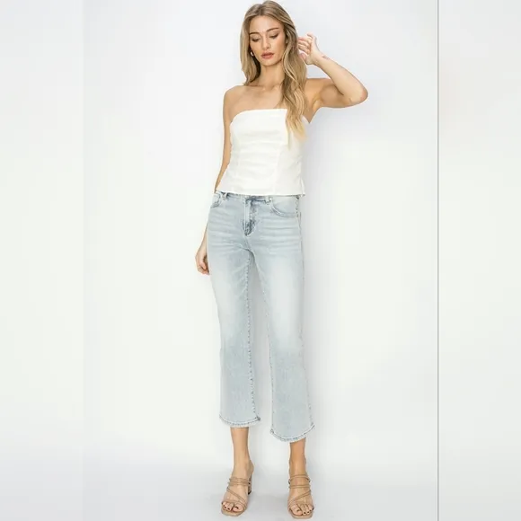 RISEN High-Rise Waist Skinny Fit Denim Pants Cropped Wide Flare Hem Blue Jeans