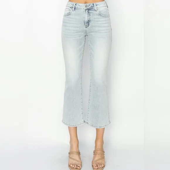 RISEN High-Rise Waist Skinny Fit Denim Pants Cropped Wide Flare Hem Blue Jeans
