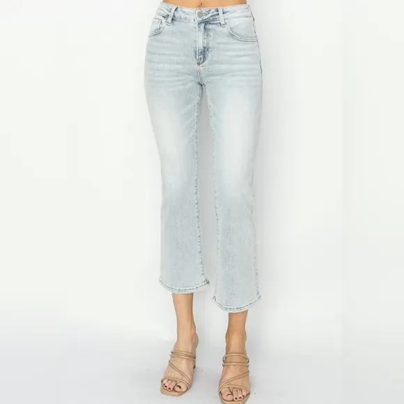 RISEN High-Rise Waist Skinny Fit Denim Pants Cropped Wide Flare Hem Blue Jeans