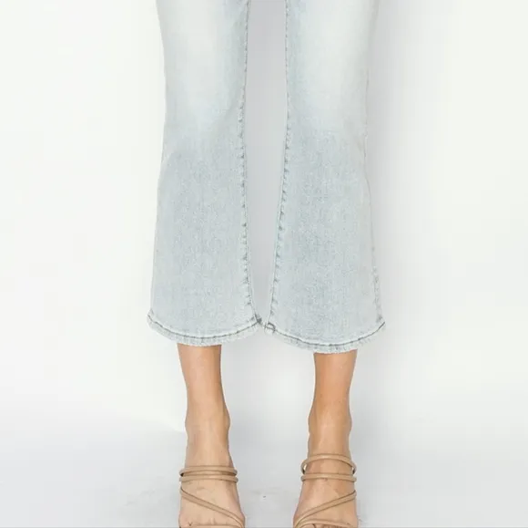 RISEN High-Rise Waist Skinny Fit Denim Pants Cropped Wide Flare Hem Blue Jeans
