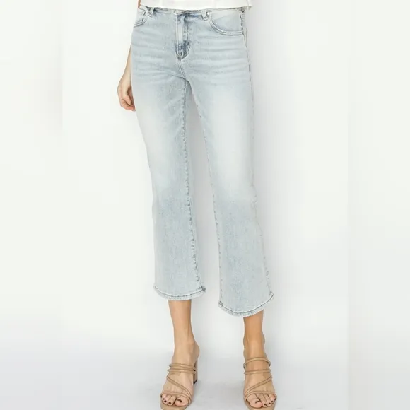 RISEN High-Rise Waist Skinny Fit Denim Pants Cropped Wide Flare Hem Blue Jeans