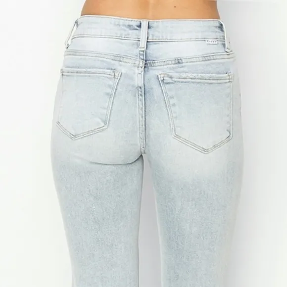 RISEN High-Rise Waist Skinny Fit Denim Pants Cropped Wide Flare Hem Blue Jeans