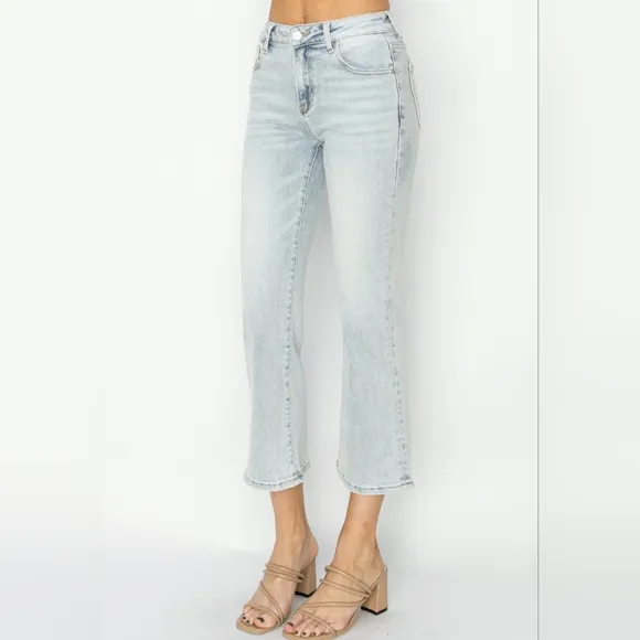 RISEN High-Rise Waist Skinny Fit Denim Pants Cropped Wide Flare Hem Blue Jeans