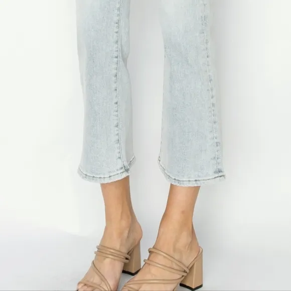 RISEN High-Rise Waist Skinny Fit Denim Pants Cropped Wide Flare Hem Blue Jeans