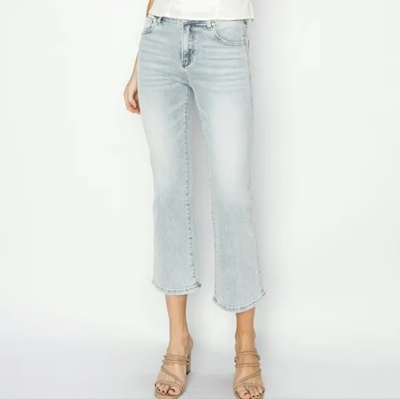 RISEN High-Rise Waist Skinny Fit Denim Pants Cropped Wide Flare Hem Blue Jeans