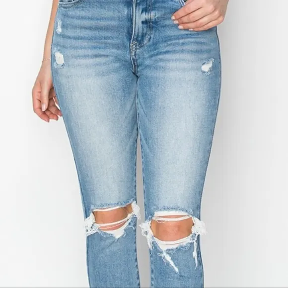 RISEN Skinny High-Rise Waist Distressed Ripped Torn Knee Jeans Slim Denim Pants