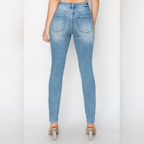 RISEN Skinny High-Rise Waist Distressed Ripped Torn Knee Jeans Slim Denim Pants