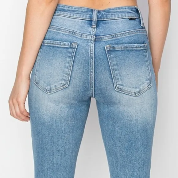 RISEN Skinny High-Rise Waist Distressed Ripped Torn Knee Jeans Slim Denim Pants