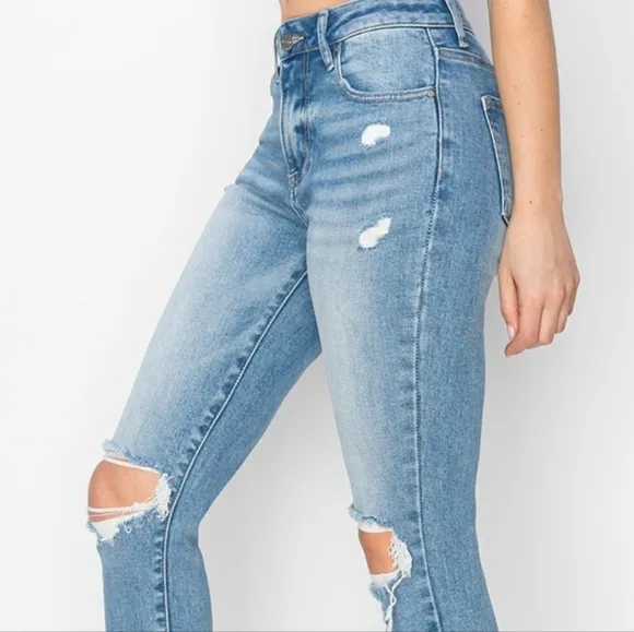 RISEN Skinny High-Rise Waist Distressed Ripped Torn Knee Jeans Slim Denim Pants