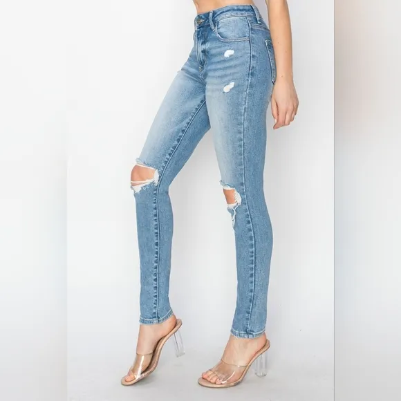 RISEN Skinny High-Rise Waist Distressed Ripped Torn Knee Jeans Slim Denim Pants