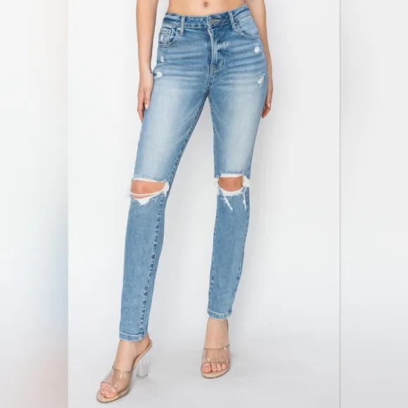 RISEN Skinny High-Rise Waist Distressed Ripped Torn Knee Jeans Slim Denim Pants