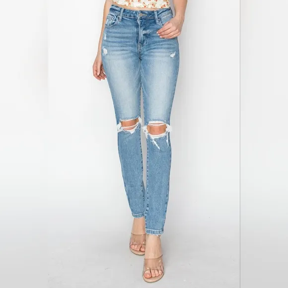 RISEN Skinny High-Rise Waist Distressed Ripped Torn Knee Jeans Slim Denim Pants