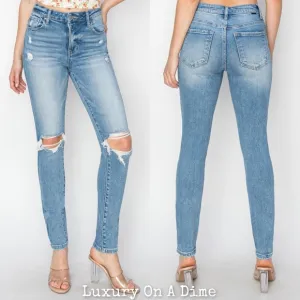RISEN Skinny High-Rise Waist Distressed Ripped Torn Knee Jeans Slim Denim Pants
