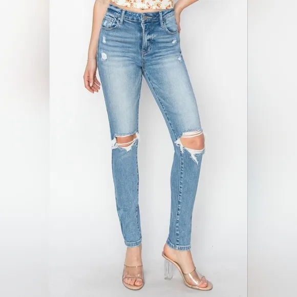 RISEN Skinny High-Rise Waist Distressed Ripped Torn Knee Jeans Slim Denim Pants