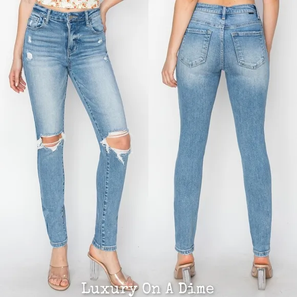 RISEN Skinny High-Rise Waist Distressed Ripped Torn Knee Jeans Slim Denim Pants
