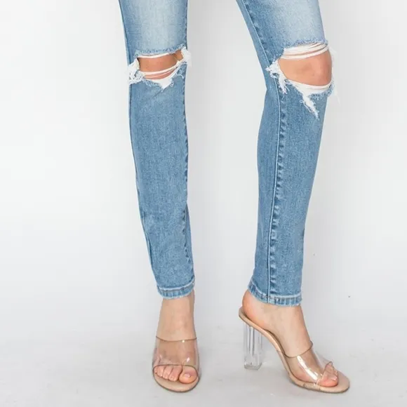 RISEN Skinny High-Rise Waist Distressed Ripped Torn Knee Jeans Slim Denim Pants
