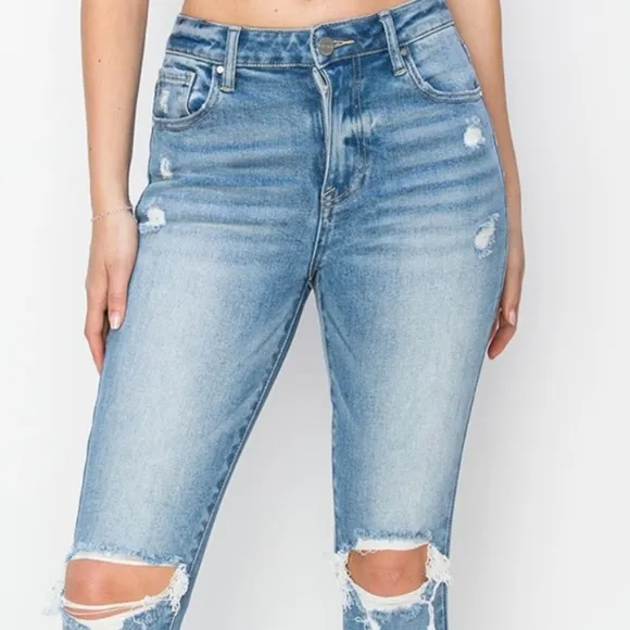 RISEN Skinny High-Rise Waist Distressed Ripped Torn Knee Jeans Slim Denim Pants