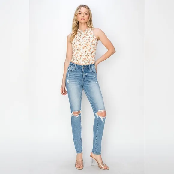 RISEN Skinny High-Rise Waist Distressed Ripped Torn Knee Jeans Slim Denim Pants