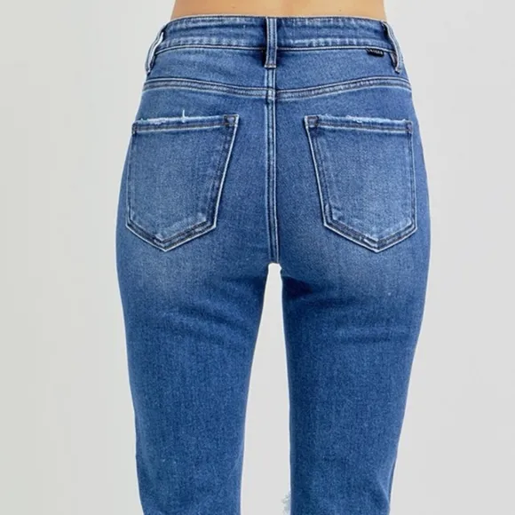 RISEN Skinny High-Rise Waist Distressed Torn Slim Jeans Ankle Hem Denim Pants