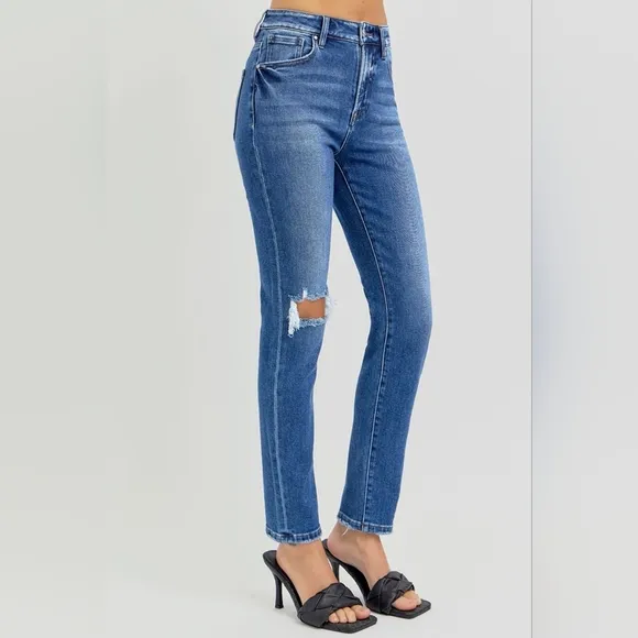 RISEN Skinny High-Rise Waist Distressed Torn Slim Jeans Ankle Hem Denim Pants