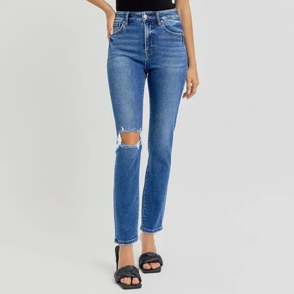 RISEN Skinny High-Rise Waist Distressed Torn Slim Jeans Ankle Hem Denim Pants