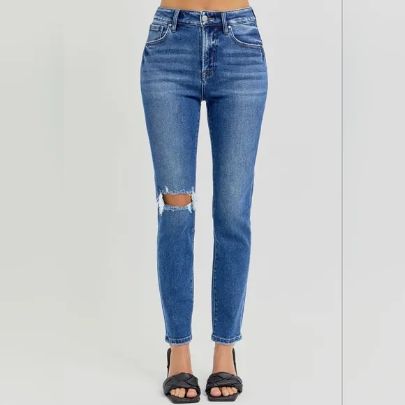 RISEN Skinny High-Rise Waist Distressed Torn Slim Jeans Ankle Hem Denim Pants