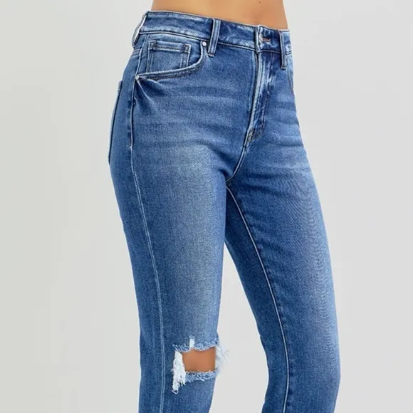 RISEN Skinny High-Rise Waist Distressed Torn Slim Jeans Ankle Hem Denim Pants
