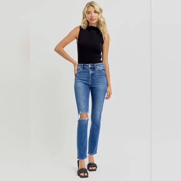 RISEN Skinny High-Rise Waist Distressed Torn Slim Jeans Ankle Hem Denim Pants