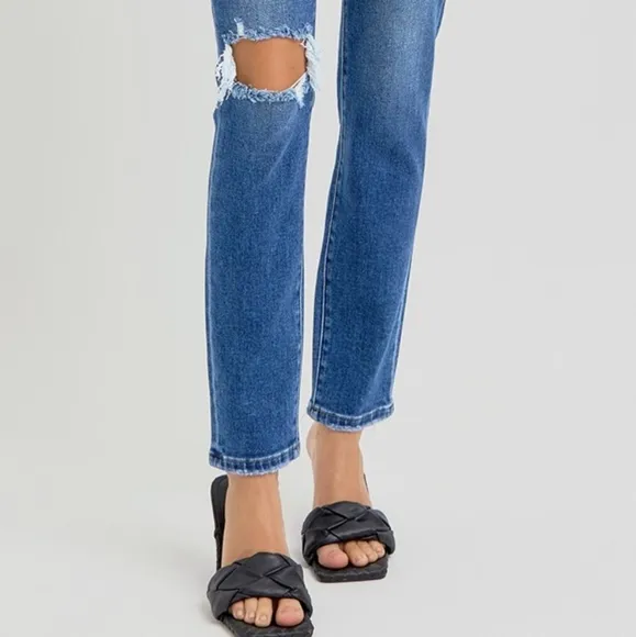 RISEN Skinny High-Rise Waist Distressed Torn Slim Jeans Ankle Hem Denim Pants