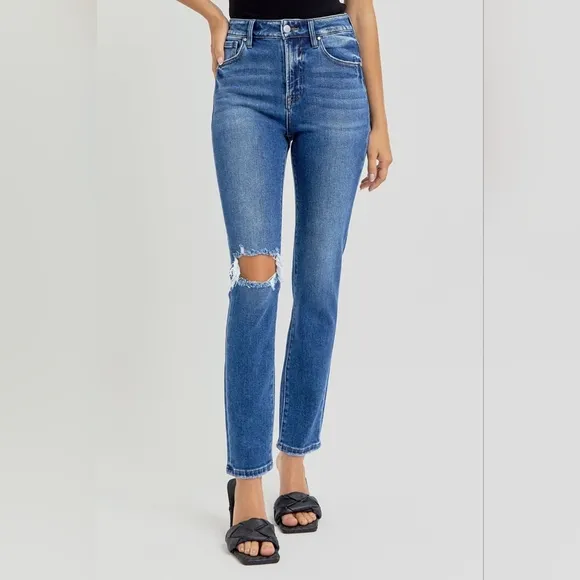 RISEN Skinny High-Rise Waist Distressed Torn Slim Jeans Ankle Hem Denim Pants
