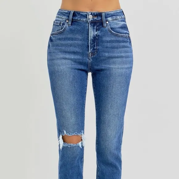 RISEN Skinny High-Rise Waist Distressed Torn Slim Jeans Ankle Hem Denim Pants