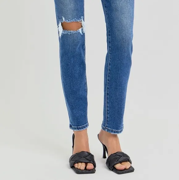 RISEN Skinny High-Rise Waist Distressed Torn Slim Jeans Ankle Hem Denim Pants