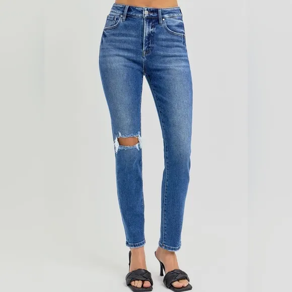 RISEN Skinny High-Rise Waist Distressed Torn Slim Jeans Ankle Hem Denim Pants