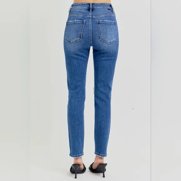 RISEN Skinny High-Rise Waist Distressed Torn Slim Jeans Ankle Hem Denim Pants