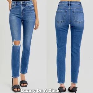 RISEN Skinny High-Rise Waist Distressed Torn Slim Jeans Ankle Hem Denim Pants
